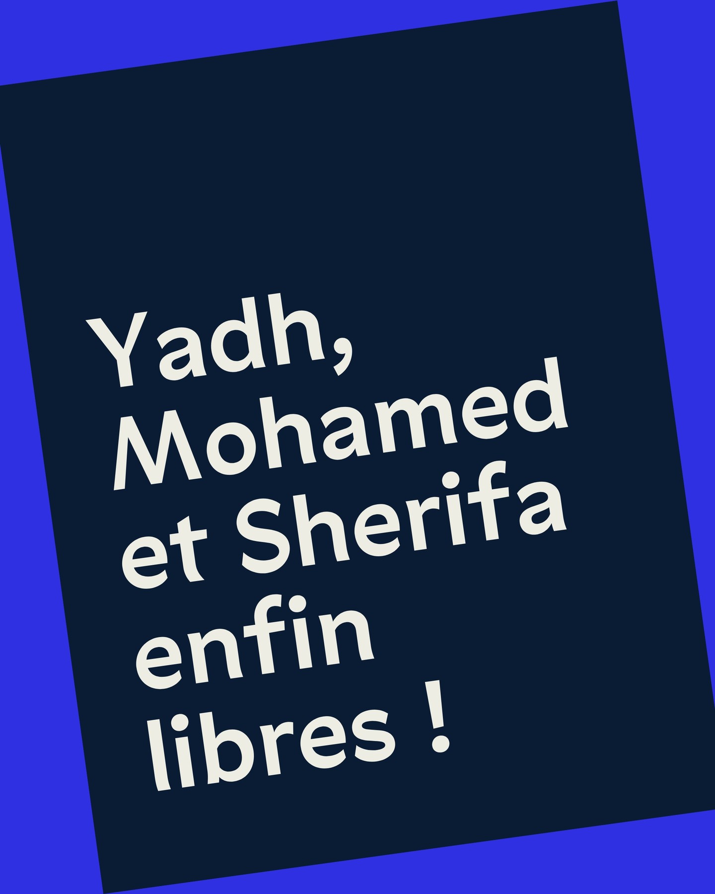 🟢 Nos collègues Yadh, Mohamed et Sherifa ont enfin été libéré·es cette nuit, après 20 mois de détention en Tunisie.

Ils ont été condamnés à une peine de deux ans de prison, avec sursis pour le temps restant, pour leur assistance auprès de personnes étrangères vulnérables, alors même qu'ils agissaient dans le cadre légal tunisien et que notre association a été blanchie il y a quelques mois.

Trois de nos autres collègues, qui comparaissaient libres dans cette même affaire, n’ont quant à eux pas été condamnés.

Aujourd’hui, c’est avant tout le soulagement qui domine : Yadh, Mohamed et Sherifa peuvent enfin retrouver leur famille et leurs proches, après 20 longs mois de séparation. Merci à toutes celles et ceux qui ont veillé, sans relâche, à faire respecter leurs droits.